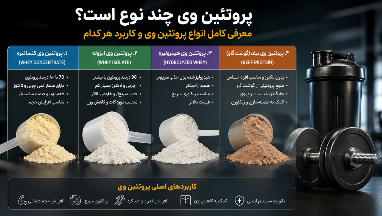 پروتئین وی چند نوع است؟ معرفی کامل انواع پروتئین وی و کاربرد هر کدام