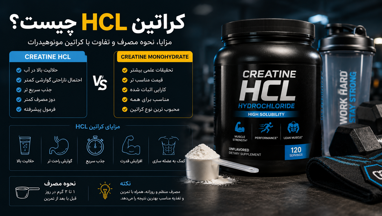 کراتین HCL چیست؟ مزایا، نحوه مصرف و تفاوت با کراتین مونوهیدرات